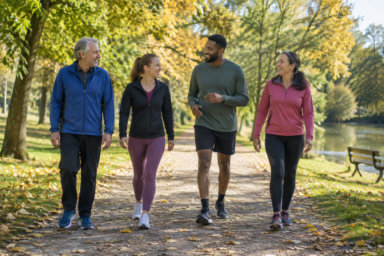 Illustration de quatre adultes marchant ensemble dans un parc
